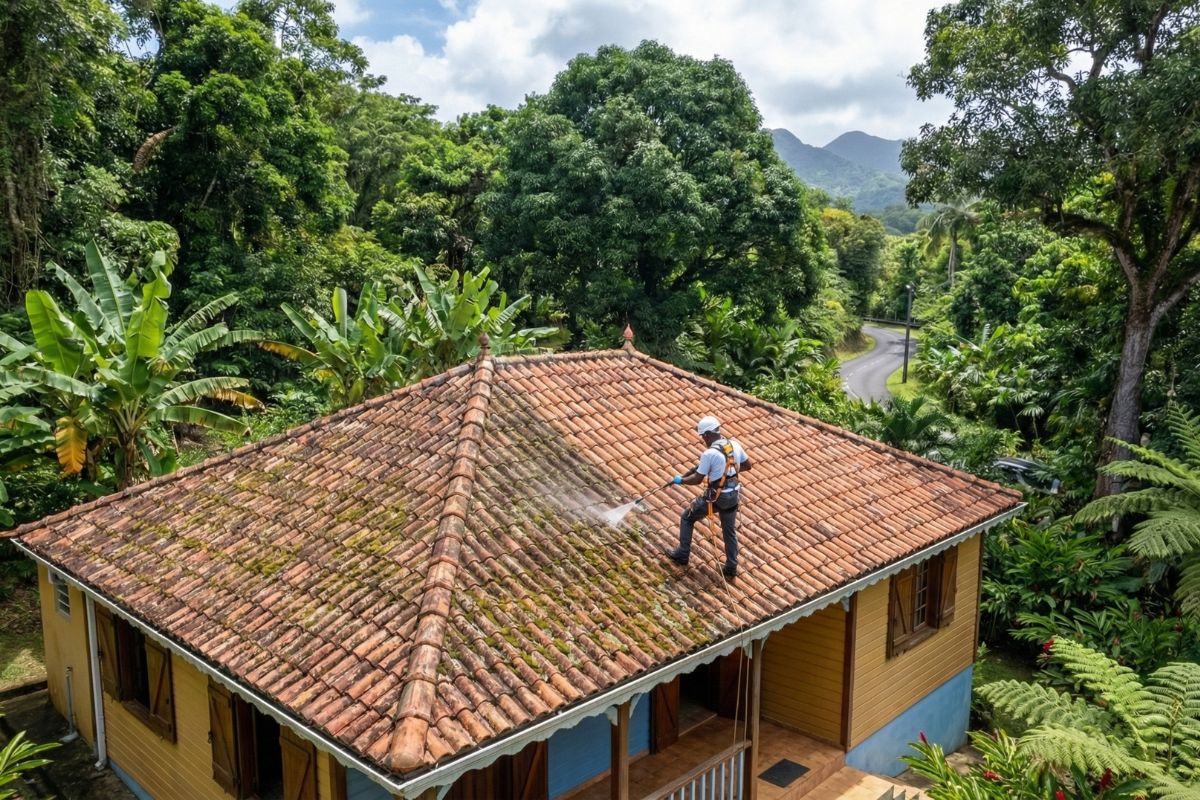 Toiture en tuiles nettoyée et traitée en Martinique